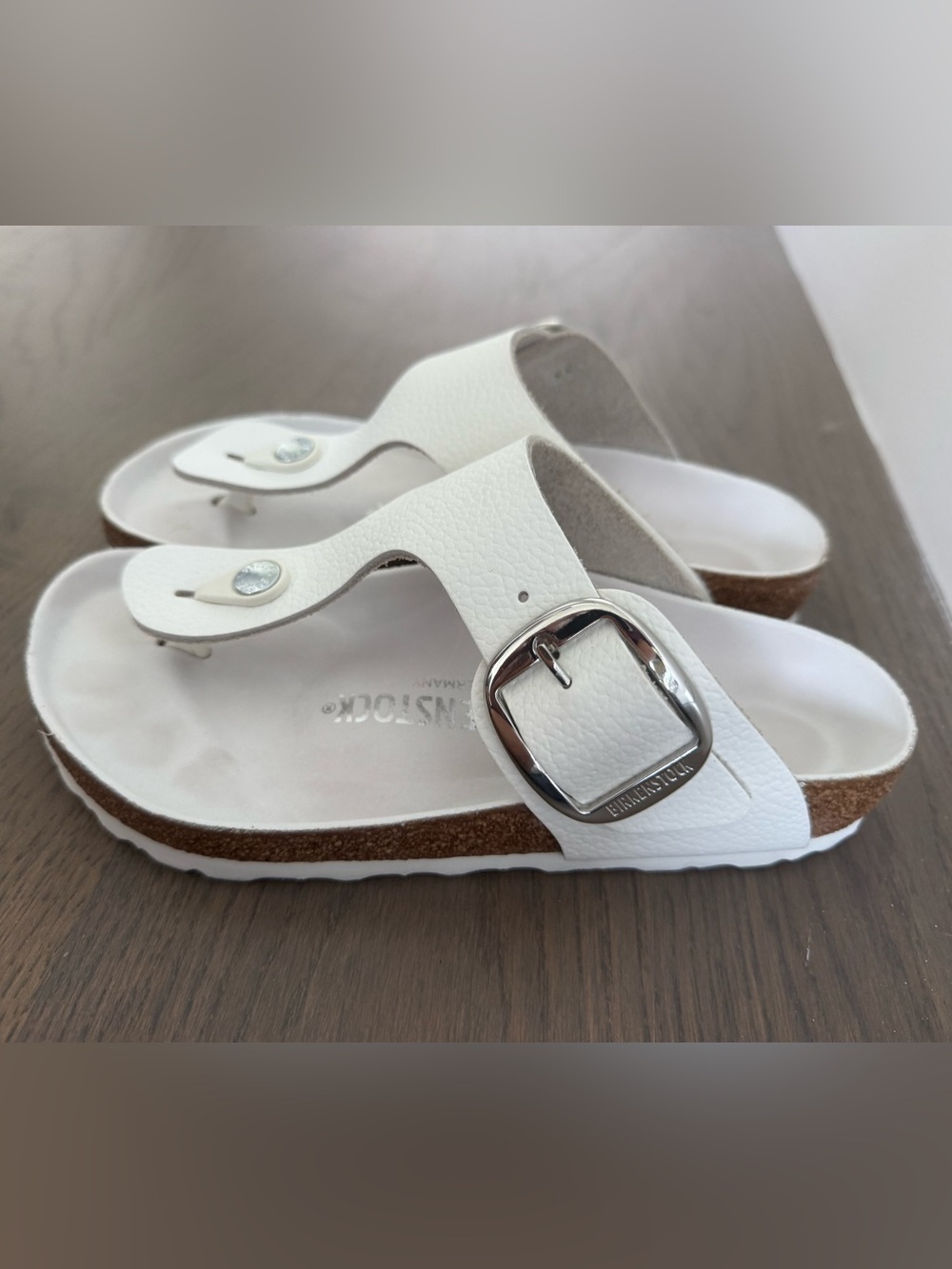 Birkenstock White Leather Buckle Thong Sandals